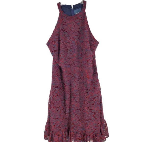 ModCloth A Night Like This Halter Dress Navy Red Lace Overlay Ruffle Hem 28 - Picture 1 of 16